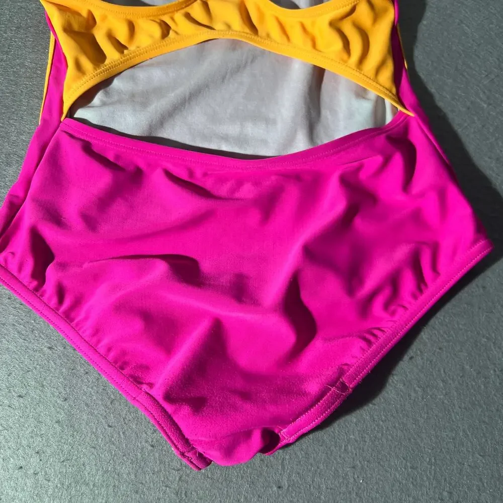 Speedo Girls Size 14 Pink Orange White Colorblock Racerback One Piece Swimsuit